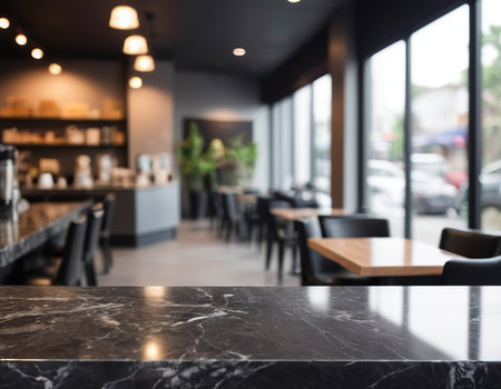 Empty marble table top and blurred background of coffee shop or restaurant.の素材