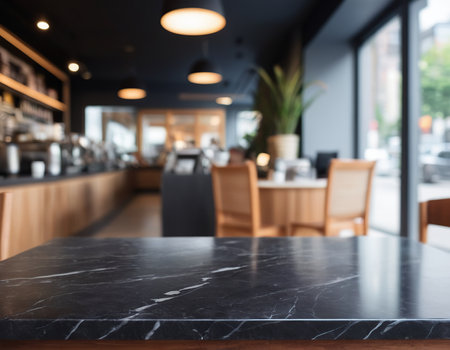 Empty black marble table top and blurred cafe or restaurant background. For product displayの素材