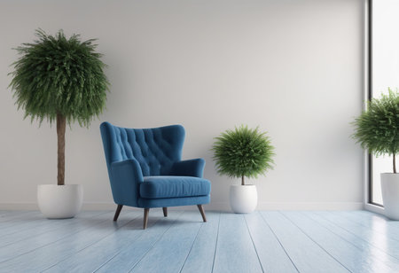 interior with blue armchair and plant, 3d render illustrationの素材