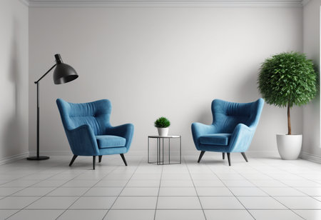 two blue armchairs in modern interior, 3d render illustration mock upの素材