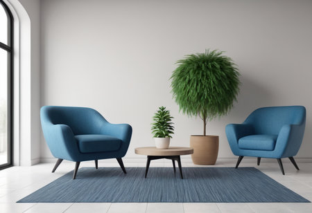 Interior of modern living room with white walls, tiled floor, blue armchairs standing near round coffee table and plant. 3d renderingの素材