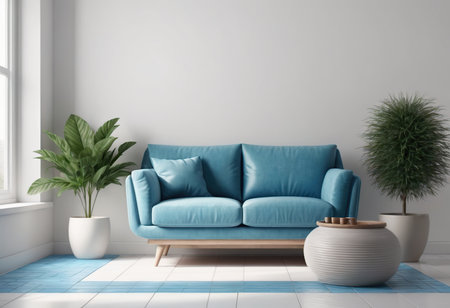 interior with blue sofa. 3d render illustration mock-upの素材