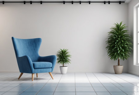 interior with blue armchair and plant, 3d render illustrationの素材