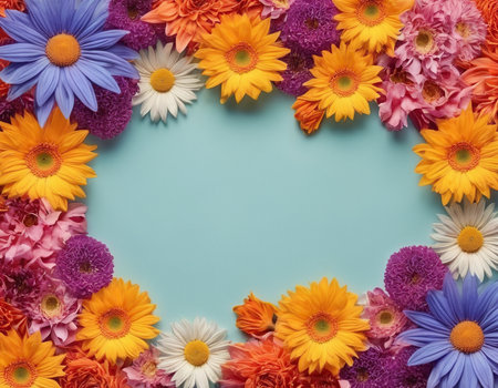 Colorful daisies on blue background with copy space for textの素材