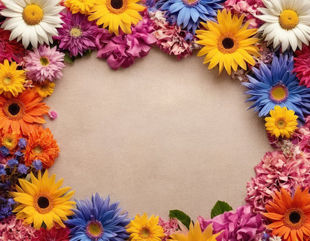 Frame of colorful flowers on old paper background with copy space for textの素材