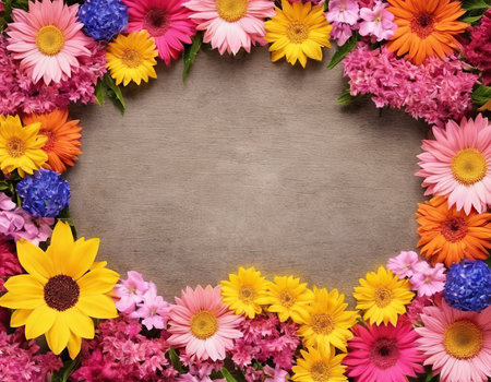 Colorful flowers frame on wooden background. Flat lay, top viewの素材