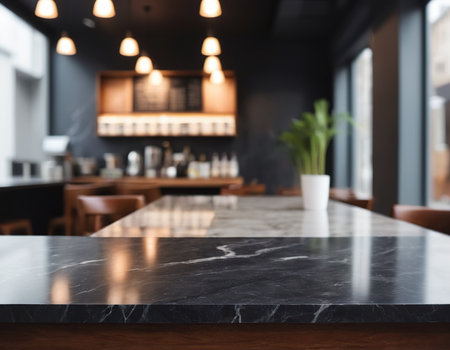Empty black marble table top and blurred cafe interior background. For product displayの素材