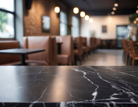 Empty black marble table and Coffee shop blur background with bokeh image.の素材