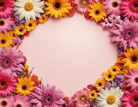 Frame made of beautiful flowers on pink background, top view. Space for textの素材