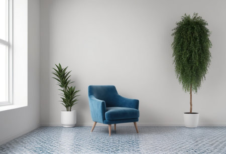 interior with blue armchair and plant, 3d render illustrationの素材