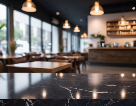 Empty marble table and Coffee shop blur background with bokeh image.の素材