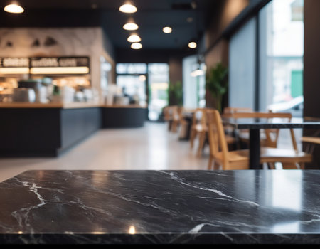 Empty marble table and Coffee shop blur background with bokeh image.の素材