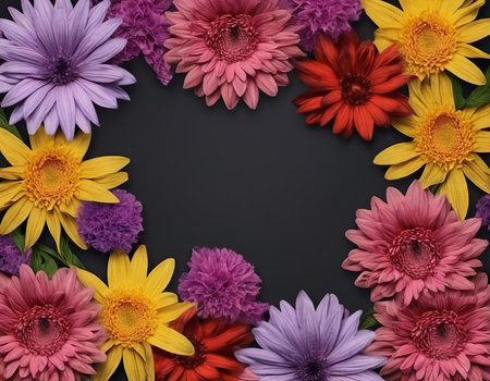 Frame of colorful flowers on black background, top view with copy spaceの素材