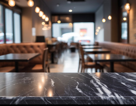 Empty marble table and Coffee shop blur background with bokeh image.の素材