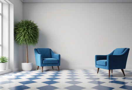 interior with blue armchairs. 3d render illustration mock upの素材