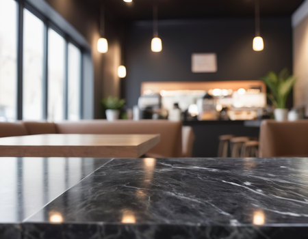 Empty marble table top and blurred background of restaurant or coffee shop.の素材