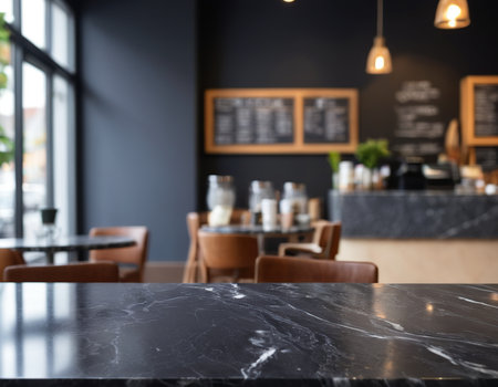 Empty black marble table in front of blurred cafe background, product display montageの素材