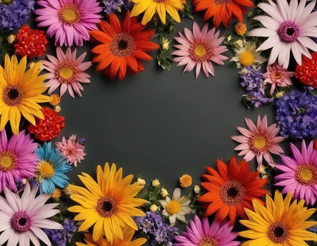 Frame of colorful flowers on black background. Flat lay, top view.の素材