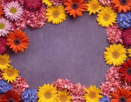 Frame of colorful flowers on violet background. Top view with copy spaceの素材