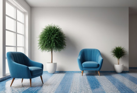 interior with blue armchairs, carpet and plant. 3d illustrationの素材