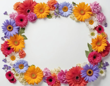 Flower frame on a white background. Flat lay, top view.の素材