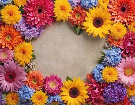 Colorful flowers frame on old paper background. Flat lay, top viewの素材