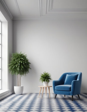 interior with blue armchair and plant. 3d rendered illustrationの素材
