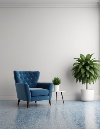 interior with blue armchair and plant. 3d render illustrationの素材