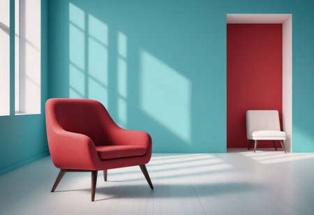 Red armchair in modern living room with blue walls, wooden floor and window. 3d renderingの素材