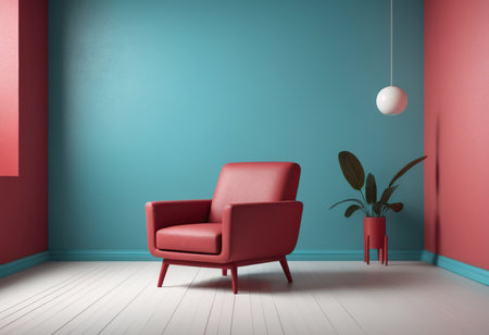 Red armchair in modern living room with blue wall and wooden floor. 3d renderingの素材
