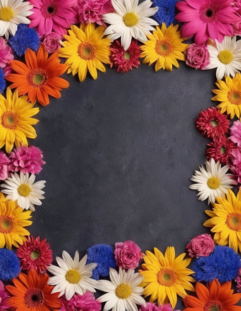 Frame of colorful flowers on blackboard. Top view with copy spaceの素材