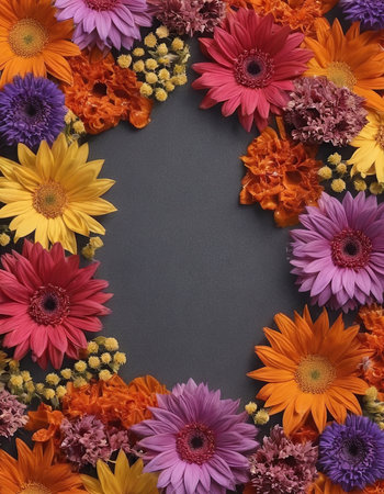Flowers composition. Frame made of colorful flowers on black background. Flat lay, top view, copy spaceの素材