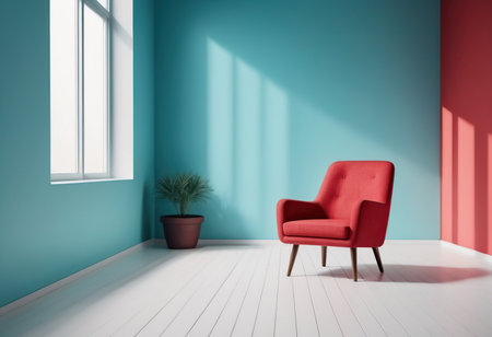 Interior of modern living room with red armchair and blue wallの素材