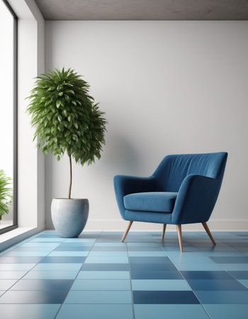 interior with blue armchair and plant, 3d render illustrationの素材