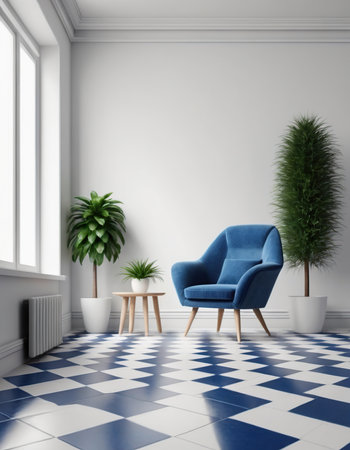 interior with blue armchair and plant, 3d render illustrationの素材