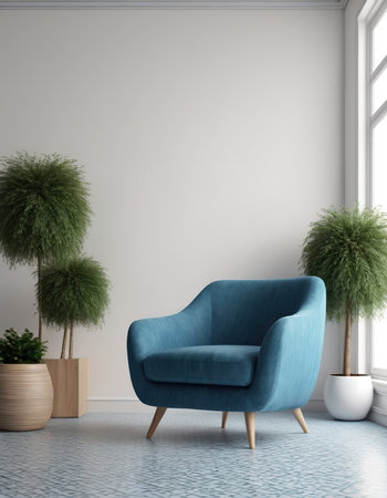 interior with blue armchair, 3d render illustration mock upの素材