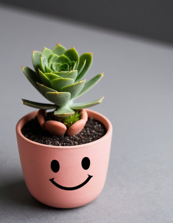 Cute succulent plant in pot with smiley face on grey backgroundの素材