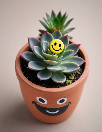 Smiling echeveria in a pot with smiley faceの素材
