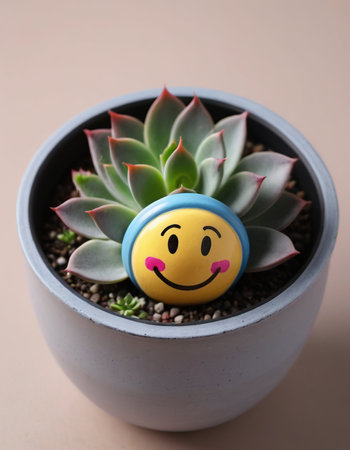 Easter egg with smiley face and succulent in a potの素材