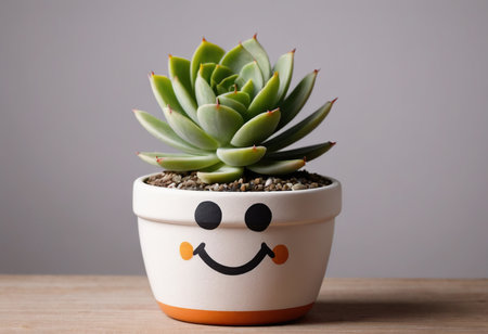Succulent plant in pot with smiley face on grey backgroundの素材