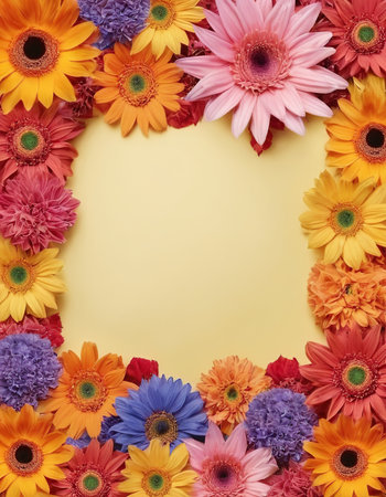 Beautiful gerbera flowers frame on yellow background, top viewの素材