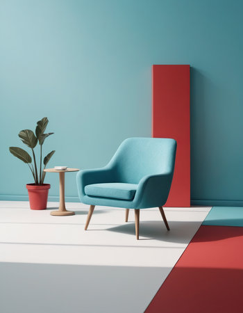 Blue armchair in modern interior with red and blue walls. 3d renderの素材