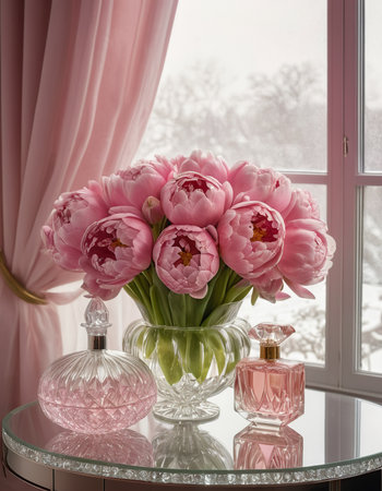 Bouquet of pink peonies in a glass vase on the table in front of the windowの素材