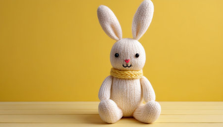 Cute knitted toy bunny on yellow background, space for textの素材
