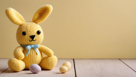 Easter bunny toy with easter eggs on wooden table and yellow backgroundの素材