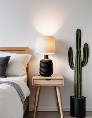 lamp on bedside table in bedroom, interior design decoration conceptの素材