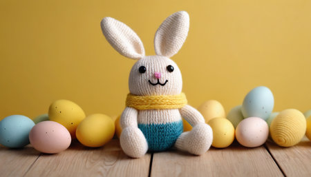 Easter bunny with colorful eggs on wooden table and yellow background.の素材