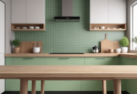 Kitchen interior with wooden table and green countertop. 3d renderingの素材