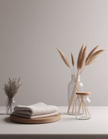 Bathroom interior with towels, vase and glass jar. 3d renderの素材