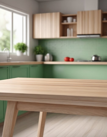 Wooden table in modern kitchen, closeup. Space for designの素材